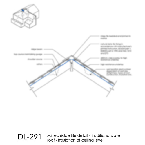 DL291 Mitered ridge tile detail - traditional slate roof - insulation at ceiling level
