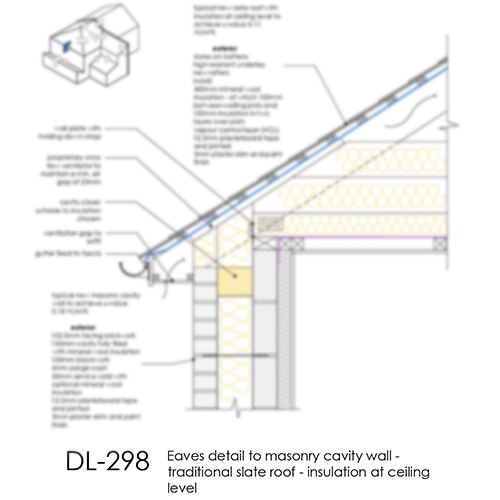 DL298 Eaves detail to masonry cavity wall - traditional slate roof - insulation at ceiling level
