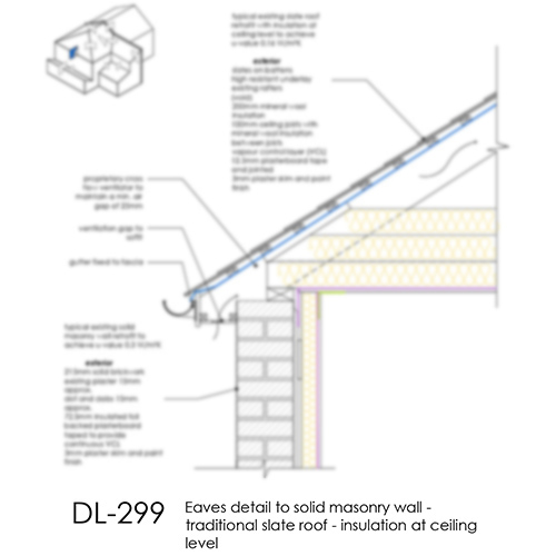 DL299 Eaves detail to solid masonry wall - traditional slate roof - insulation at ceiling level