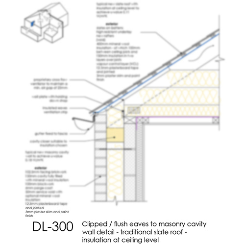 DL300 Clipped flush eaves to masonry cavity wall detail - traditional slate roof - insulation at ceiling level