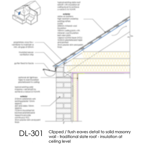 DL301 Clipped flush eaves detail to solid masonry wall - traditional slate roof - insulation at ceiling level