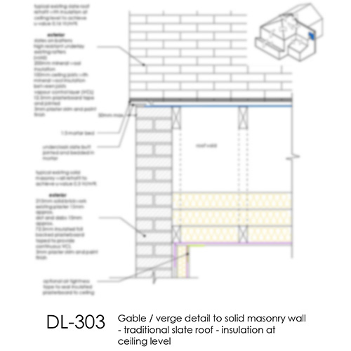 DL303 Gable verge detail to solid masonry wall - traditional slate roof - insulation at ceiling level