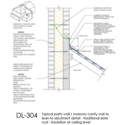 DL304 Typical party wall masonry cavity wall to lean-to abutment detail - traditional slate roof - insulation at ceiling level