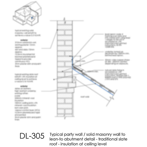 DL305 Typical party wall solid masonry wall to lean-to abutment detail - traditional slate roof - insulation at ceiling level