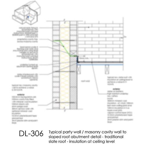 DL306 Typical party wall masonry cavity wall to sloped roof abutment detail - traditional slate roof - insulation at ceiling level