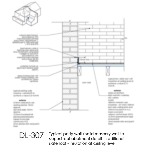 DL307 Typical party wall solid masonry wall to sloped roof abutment detail - traditional slate roof - insulation at ceiling level