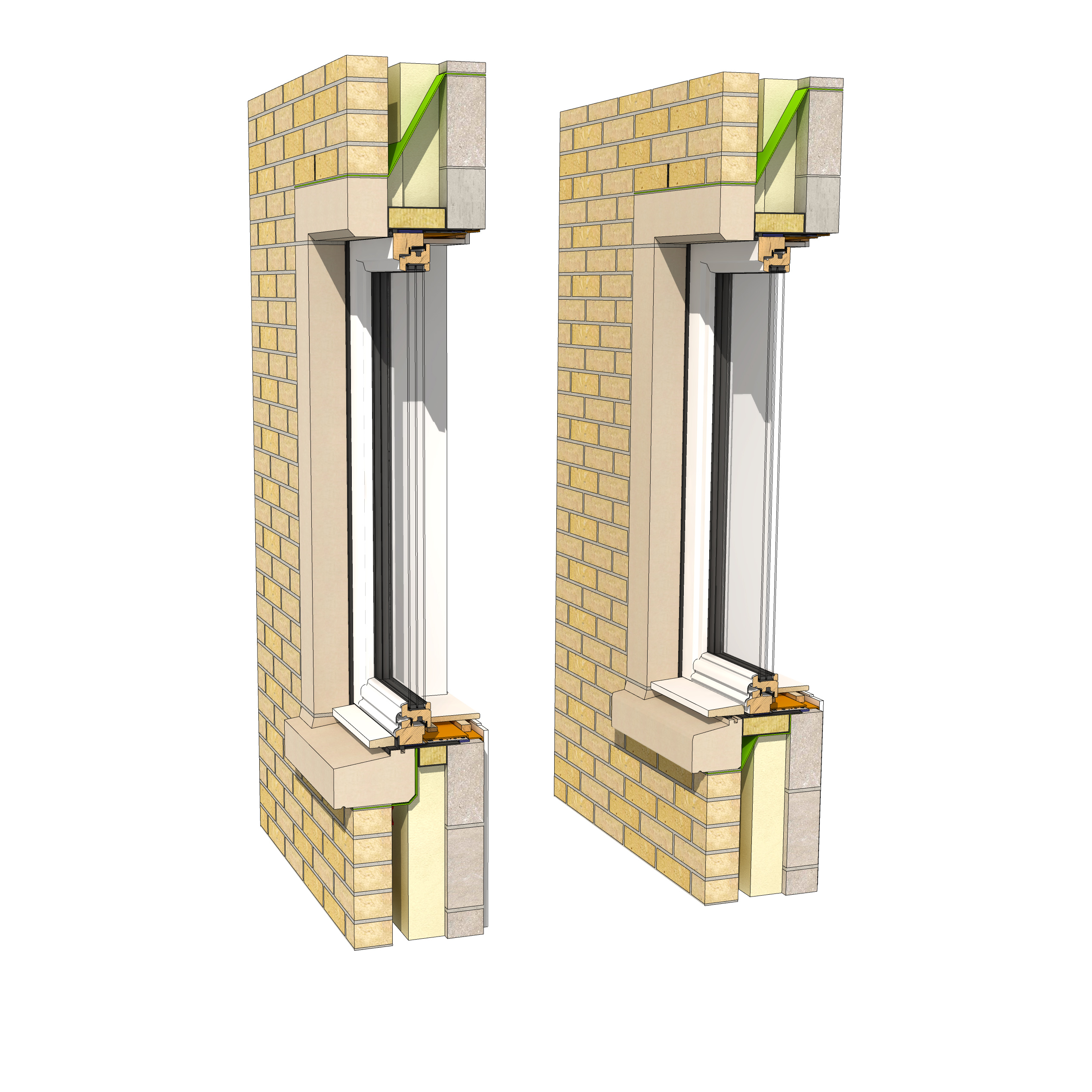 DL314A Partial fill 150mm masonry cavity wall, timber triple glazed window with reconstituted stone surround 3D