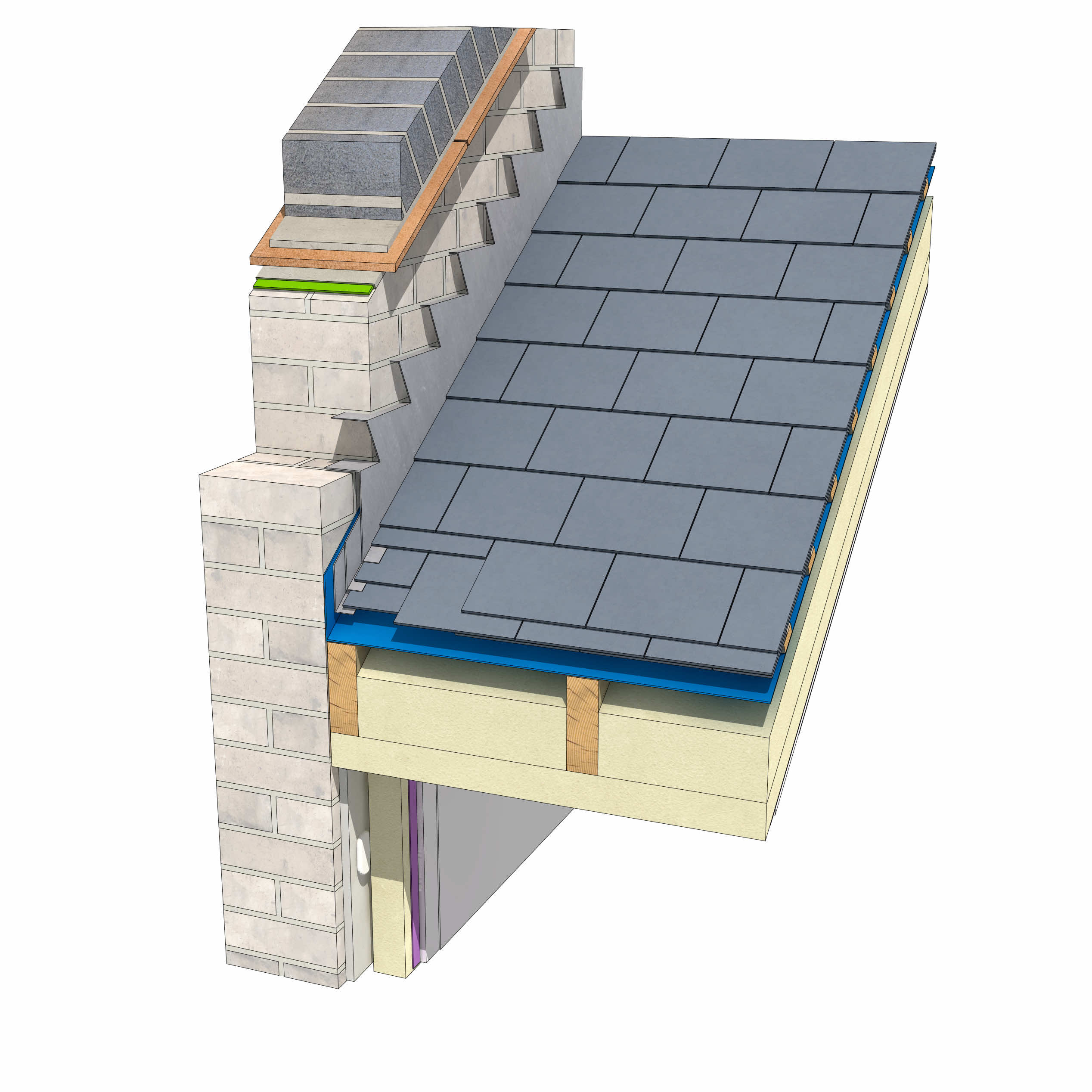 DL357 Solid wall sloped roof abutment parapet detail - refurbished slate roof 3D
