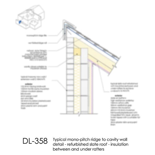DL358 Mono-pitch ridge to cavity wall detail - refurbished slate roof