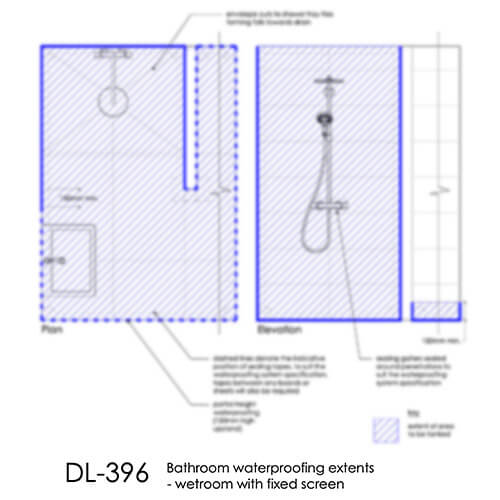 DL396 Bathroom waterproofing extents - wetroom with fixed screen