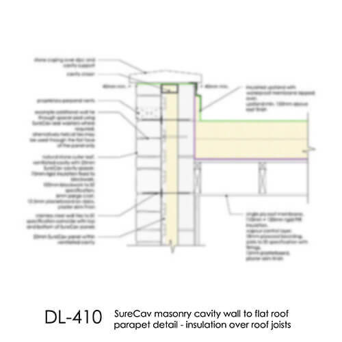 DL410 SureCav masonry cavity wall to flat roof parapet - insulation over roof joists