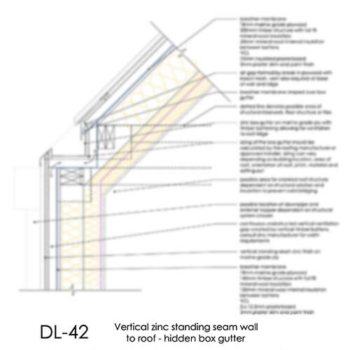 DL42 R1 Zinc standing seam wall to roof hidden box gutter detail
