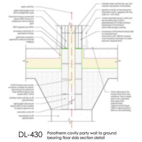 DL430 Porotherm cavity party wall to ground bearing floor slab section detail