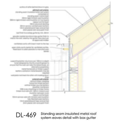 DL469 Insulated metal roof system eaves detail with box gutter