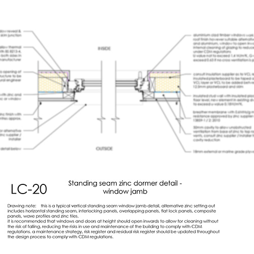 LC20 standing seam zinc dormer window jamb detail