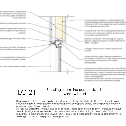 LC21 standing seam zinc domer window head detail