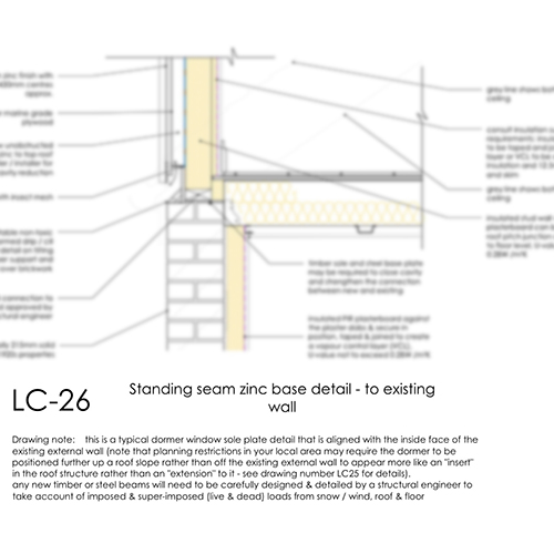 LC26 standing seam zinc base detail to wall